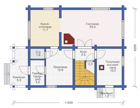 Планировка первого этажа :: Проект деревянного дома 11-87