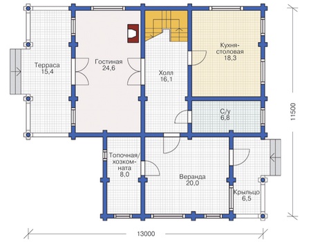 Планировка первого этажа :: Проект деревянного дома 12-17