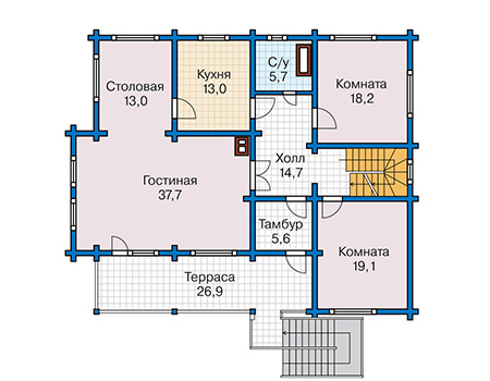 Планировка первого этажа :: Проект деревянного дома 12-75