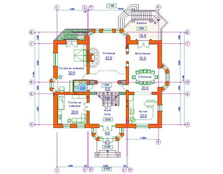 Планировка первого этажа :: Проект дома из кирпича 34-11