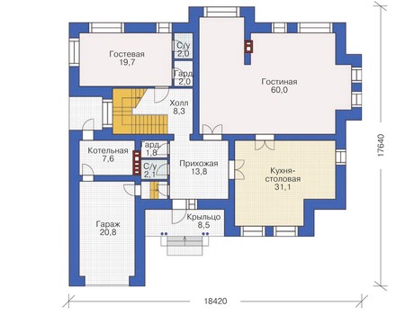 Планировка первого этажа :: Проект дома из кирпича 36-92