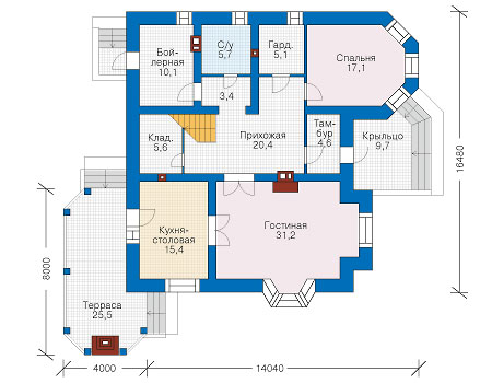 Планировка первого этажа :: Проект дома из кирпича 39-60