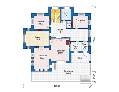 Планировка первого этажа :: Проект дома из кирпича 39-62