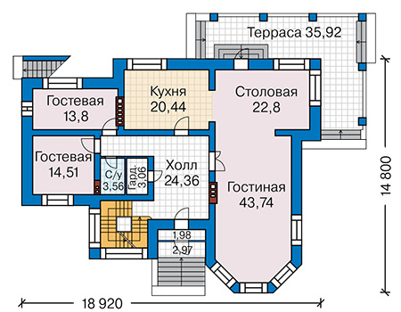 Планировка первого этажа :: Проект дома из кирпича 44-06