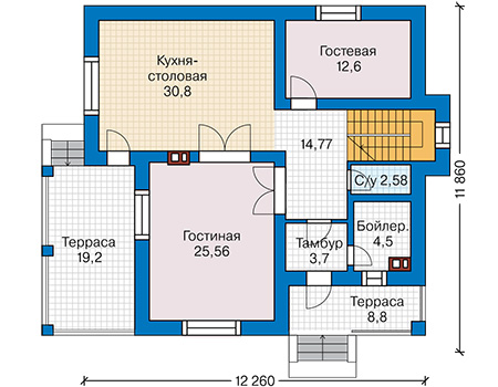 Планировка первого этажа :: Проект дома из кирпича 44-30