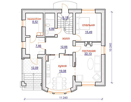 Планировка первого этажа :: Проект дома из кирпича 44-55