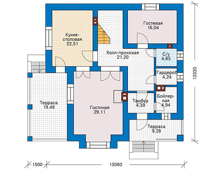 Планировка первого этажа :: Проект дома из кирпича 45-32