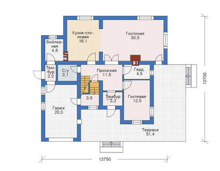 Планировка первого этажа :: Проект дома из газобетона 52-46