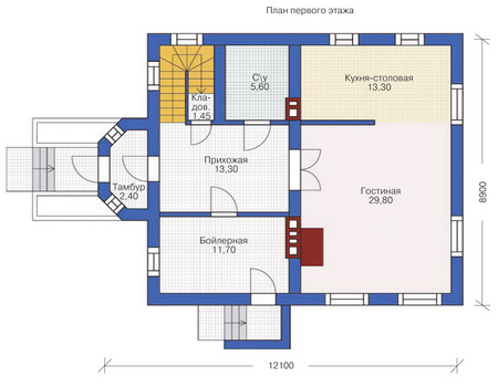 Планировка первого этажа :: Проект дома из газобетона 53-40