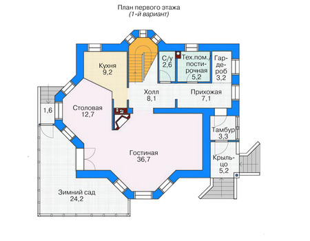 Планировка первого этажа :: Проект дома из газобетона 53-78