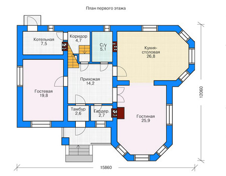 Планировка первого этажа :: Проект дома из газобетона 53-82
