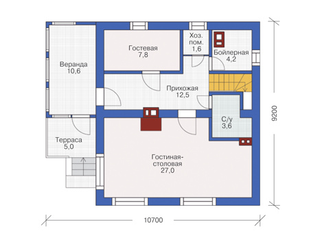 Планировка первого этажа :: Проект дома из газобетона 54-72