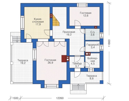 Планировка первого этажа :: Проект дома из газобетона 55-26