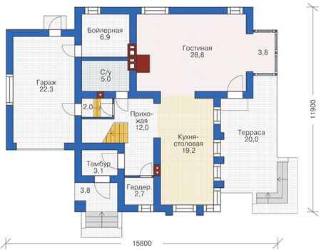 Планировка первого этажа :: Проект дома из газобетона 55-32