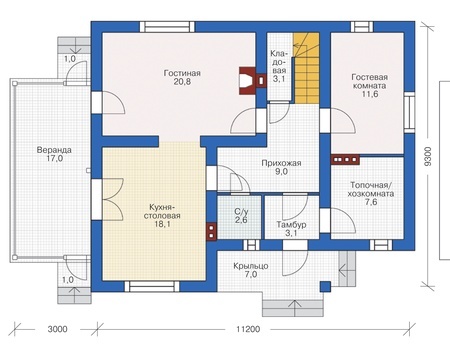 Планировка первого этажа :: Проект дома из газобетона 55-50