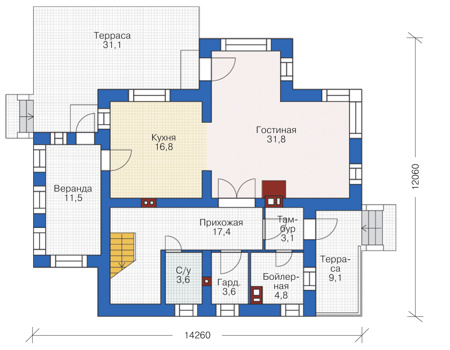 Планировка первого этажа :: Проект дома из газобетона 55-75
