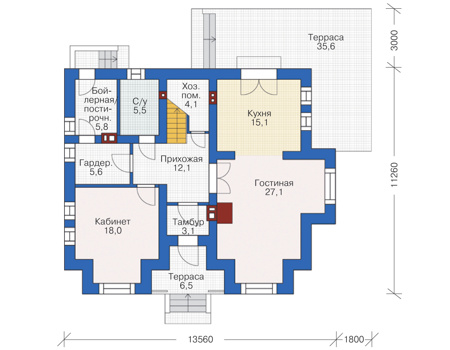 Планировка первого этажа :: Проект дома из газобетона 55-79