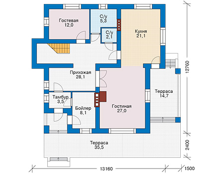 Планировка первого этажа :: Проект дома из газобетона 57-31