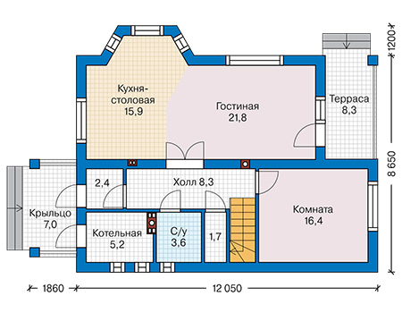 Планировка первого этажа :: Проект дома из газобетона 63-49