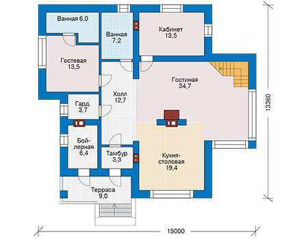 Планировка первого этажа :: Проект дома из газобетона 64-09