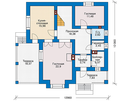 Планировка первого этажа :: Проект дома из газобетона 64-93