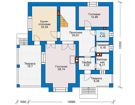 Планировка первого этажа :: Проект дома из газобетона 65-03