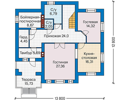 Планировка первого этажа :: Проект дома из газобетона 65-70