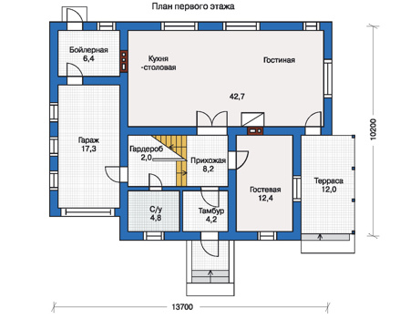 Планировка первого этажа :: Проект дома из кирпича 70-64