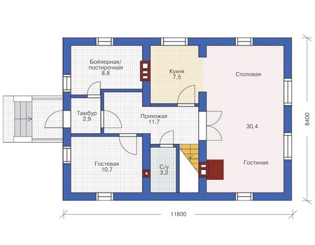 Планировка первого этажа :: Проект дома из кирпича 71-59