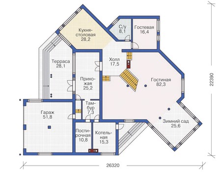 Планировка первого этажа :: Проект дома из кирпича 71-71