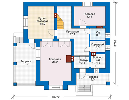 Планировка первого этажа :: Проект дома из кирпича 72-49