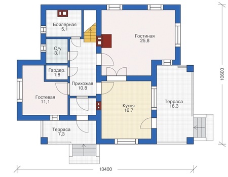 Планировка первого этажа :: Проект дома из кирпича 72-63