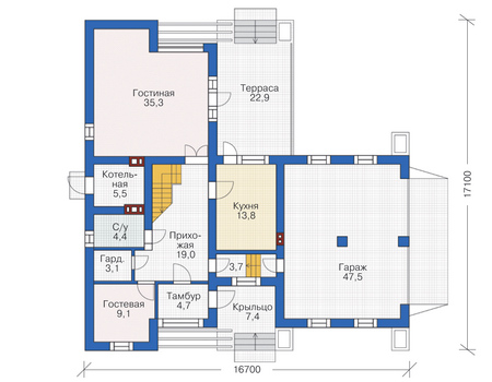 Планировка первого этажа :: Проект дома из кирпича 72-82