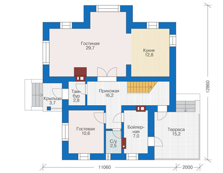Планировка первого этажа :: Проект дома из кирпича 73-07