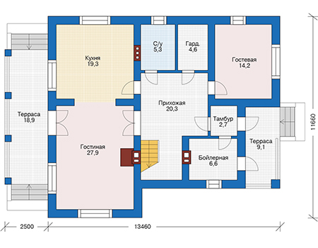 Планировка первого этажа :: Проект дома из кирпича 73-65