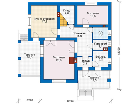 Планировка первого этажа :: Проект дома из кирпича 74-25