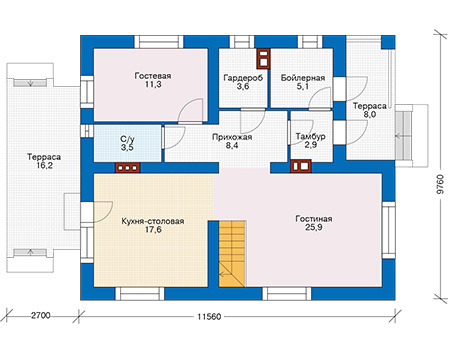 Планировка первого этажа :: Проект дома из кирпича 74-43