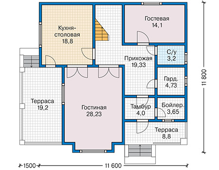 Планировка первого этажа :: Проект каркасного дома 90-32